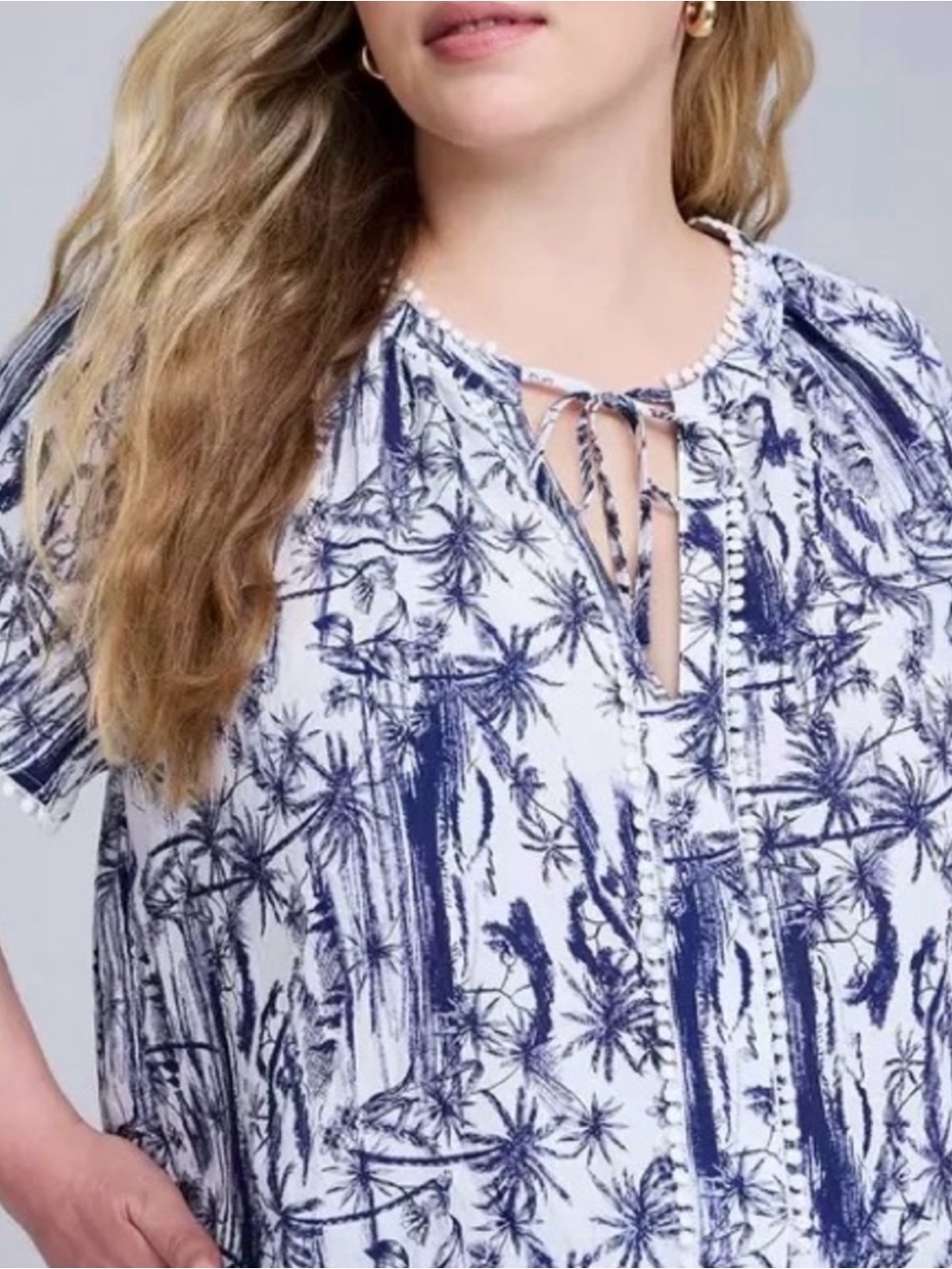 Torrid 3X Navy and White Jungle Toile Tie-Neck Blouse